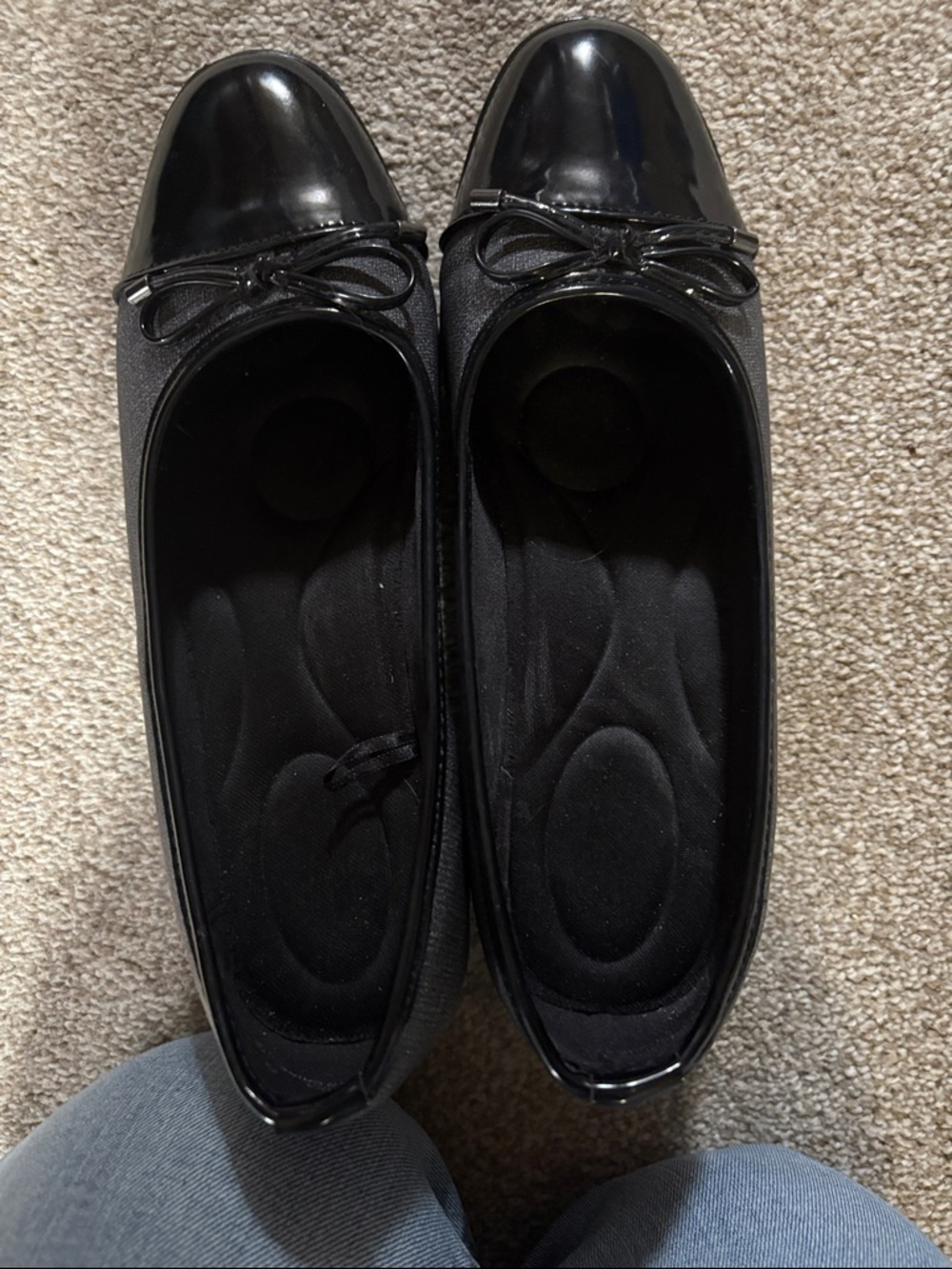 Black Ballet Flats with Patent Toe and Bow